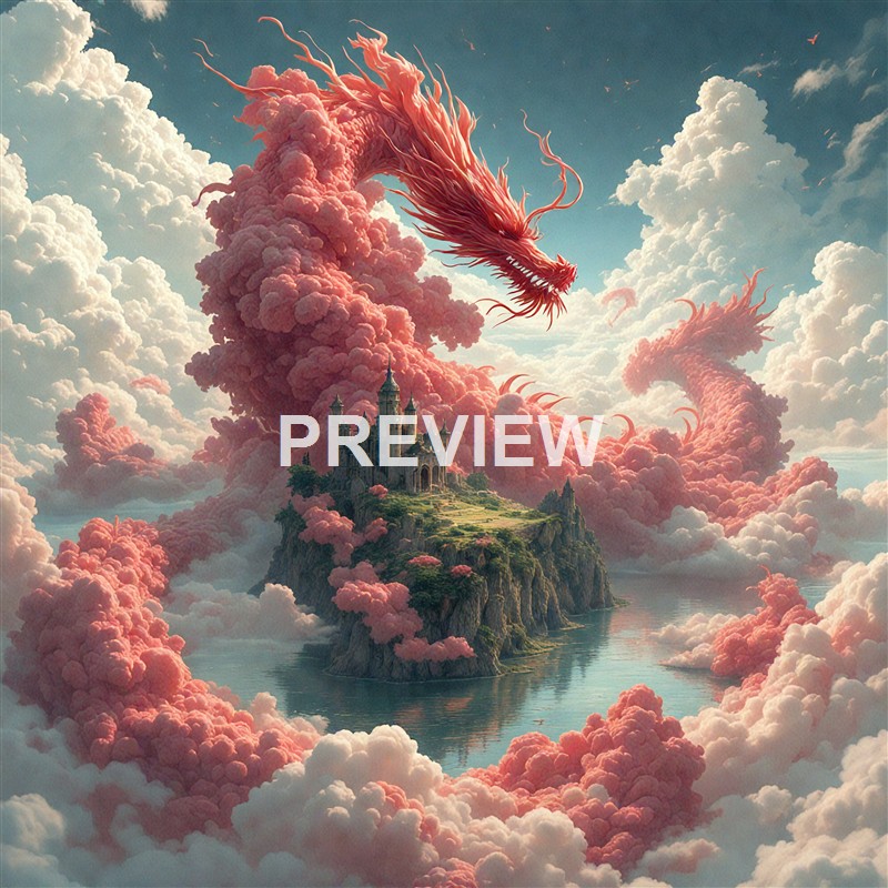 A fantastical scene featuring a floating island with a castle surrounded by pink clouds, and a giant, fiery red dragon emerging from the clouds in a dramatic sky.